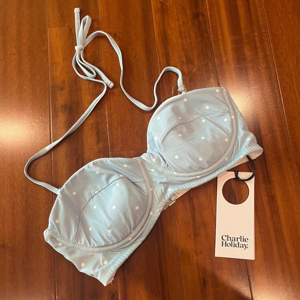 Blue Polka Dot‎ Bikini Top Charlie Holiday Valentine Bra Halter Swim New US 6